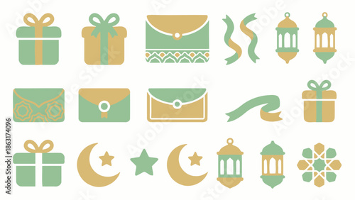 Ramadan and Eid decorative elements featuring gift boxes, envelopes, ribbons, lanterns, and Islamic geometric patterns, festive motifs suitable for holiday celebrations