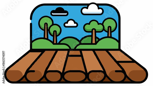 Stylized depiction of a rural landscape with rolling hills, trees, and clouds above a plowed field