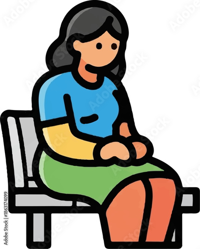 Stylized depiction of a person sitting on a bench, with simple colors and clear outlines