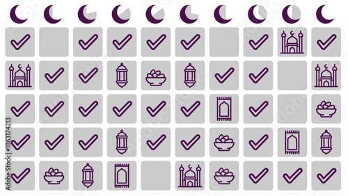 Ramadan calendar checklist with Islamic symbols and dates, Ramadan daily tracker with moon phases and mosque icons