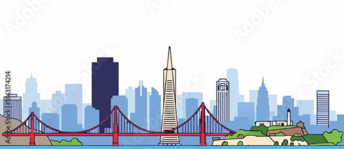 Stylized skyline panorama featuring a red suspension bridge, a prominent conical tower, and a prison island