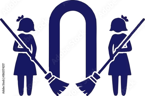 Stylized dark blue icon of two female figures holding brooms, flanking a large U-shaped object