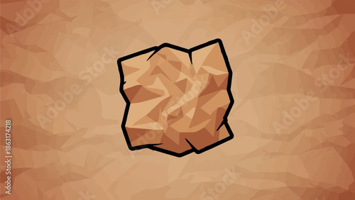 Stylized, crumpled paper artifact with dark outlines against a textured, aged background