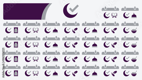 Ramadan and Eid calendar icons with Islamic symbols, Ramadan checklist and activity icons