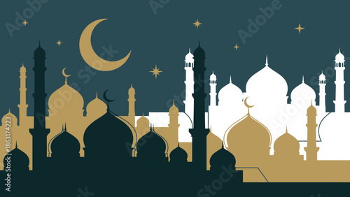 Stylized Islamic skyline at night with crescent moon and stars, Festive Ramadan and Eid night silhouette with traditional mosque architecture