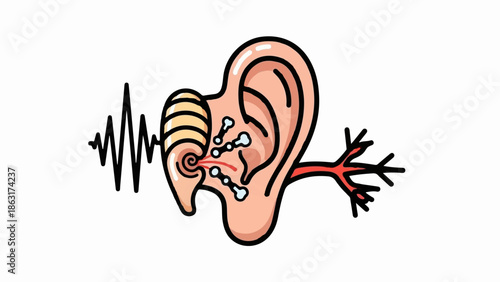 Stylized cross-section of a human ear showing sound waves entering and stimulating internal structures