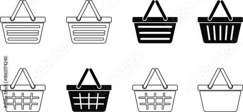 Set of shopping basket icons in silhouette and line art styles for e-commerce, retail, and online grocery stores.