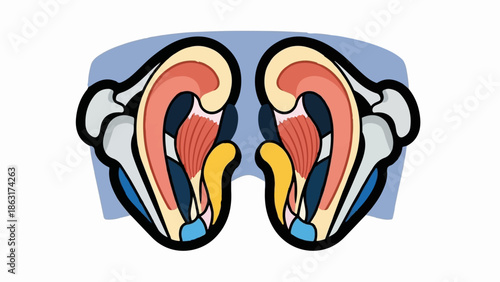 Stylized cross-section of human ears with internal muscle and bone structure