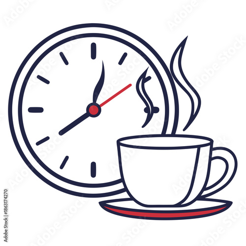 Flat Illustration of Coffee Break Icon with Mug and Wall Clock Symbol