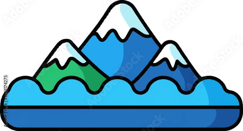 Stylized, colorful mountain peaks with snow caps, green slopes, and a blue water base