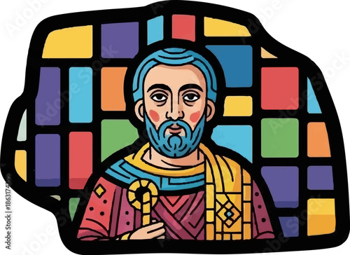 Stylized stained-glass depiction of a bearded man with blue hair holding a key, surrounded by colorful panes