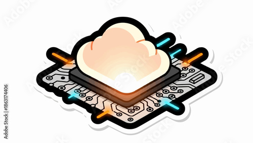 Stylized cloud icon emitting light, sitting on a circuit board with glowing blue and orange connections