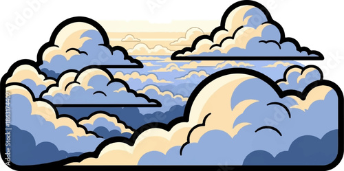 Stylized clouds and sky with distinct black outlines, rendered in shades of blue and cream