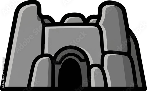 Stylized stone structure with arched entrance and rough textured surface