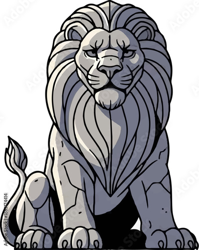 Stylized stone lion statue, front-facing, with a thick mane and intense gaze