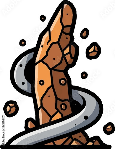 Stylized stone pillar entwined with metallic ribbon