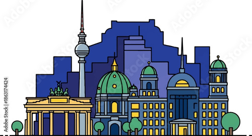 Stylized cityscape with prominent tower, iconic gate, and domed structures under a blue sky