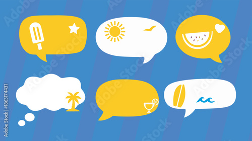 Colorful chat message bubbles and sticker set with summer holiday flat vector icons