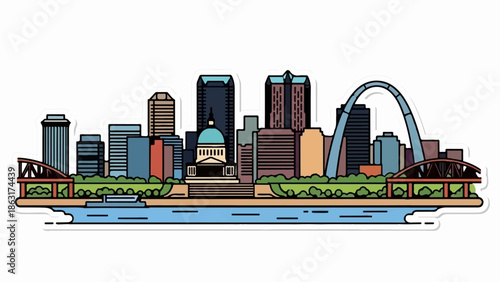 Stylized cityscape with river, bridge, and iconic arch
