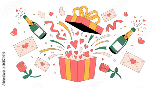 Gift of Affection: A celebratory illustration of a gift box, love letters, and a bottle of wine, all adorned with hearts, conveys the essence of celebration, affection, and togetherness.