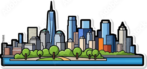 Stylized cityscape with prominent skyscrapers, a park, and a waterfront