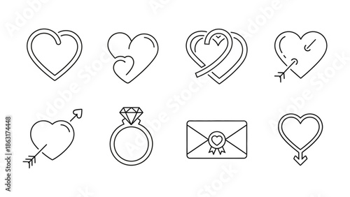 Love and Romance Icon Set: A collection of simple, elegant line art icons celebrating love, romance, and commitment. This minimalist design emphasizes the essence of affection and connection.