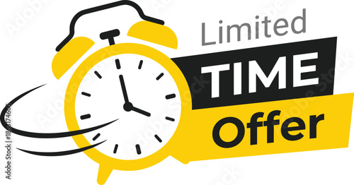 Limited time offer banner design, alarm clock urgency concept, fast sale promotion element, countdown marketing illustration graphic