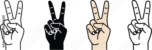 Set of victory hand sign and peace gesture icons in line art, silhouette, and flat color design styles.