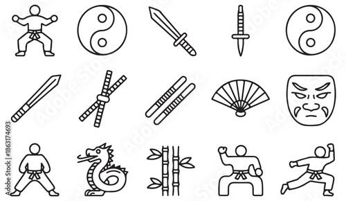 Kung fu fighters and yin yang culture icon collection