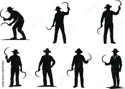 Farmer silhouette vector, sickle icon, traditional agriculture, rural labor, black figures, harvest pose, farming tool, village worker clipart