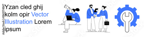 Business strategy, collaboration tools, innovation activities, teamwork solutions, research processes, technology integration. Two people shaking hands, researcher with telescope, gear icon