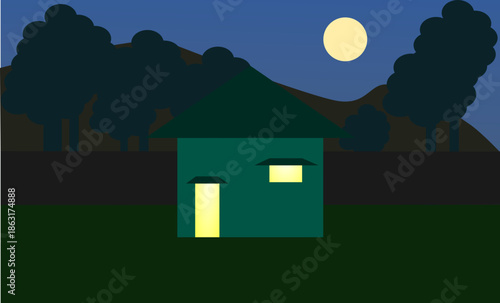 Cozy green house under a full moon with trees and hills