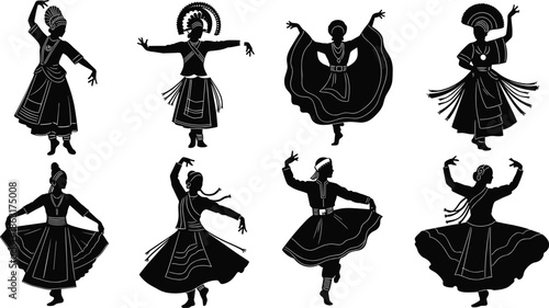 Traditional dance silhouette vector, cultural dancers, folk costume icon, expressive movement, black figures, ethnic pose, heritage illustration, festival clipart