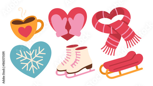 Winter Cozy Icons: A collection of heart-shaped icons evoking warmth and winter cheer: a steaming cup, cozy mittens, a striped scarf, a snowflake heart, ice skates, and a sled. 