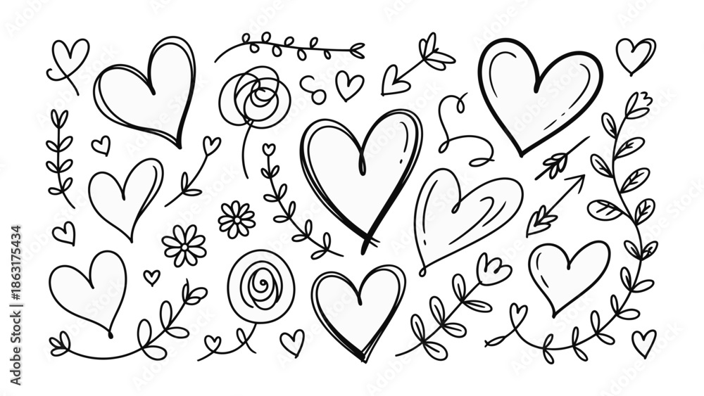 Obraz premium Hand-drawn Heart Collection: A charming assembly of hand-drawn hearts, leaves and floral elements, perfect for expressing love and affection.