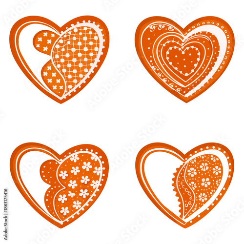 A set of four orange heart-shaped gingerbread cookies with different white icing patterns is displayed