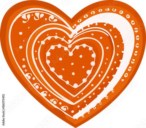 A decorative orange heart-shaped cookie with layered white icing swirls, dots, and ornamental patterns is illustrated against a black background in a folk-art style.
