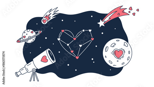 Cosmic Love and Celestial Romance: An illustration that depicts a universe filled with romantic and imaginative elements, including a love-shaped constellation, planets, and celestial objects.