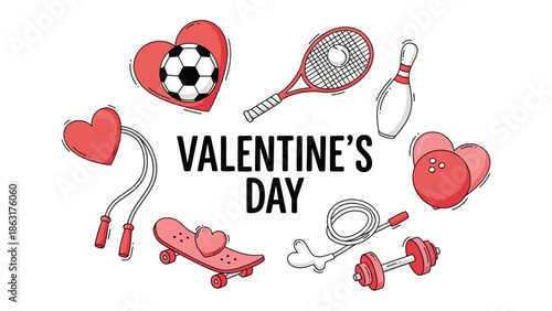Love of Play: Celebrating Valentine's Day with a delightful display of hearts and various sports equipment, showcasing the passion for both love and recreational activities.