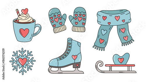 Cozy Winter Essentials: A charming collection of winter-themed objects with heart motifs, evoking warmth, comfort, and the joy of wintertime.