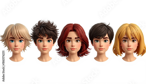 Five 3D Rendered Faces with Diverse Hairstyles and Colors