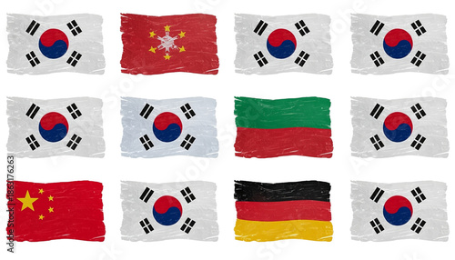 Distressed Painted Flags of Various Countries on Dark Canvas