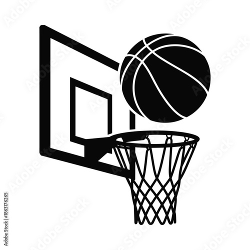 A basketball poised above a hoop ready for a score