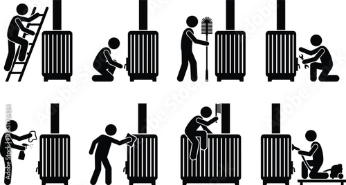 Radiator installation process, heating system maintenance icons, plumber service steps, home heater repair guide, vector pictogram set, HVAC workflow illustration
