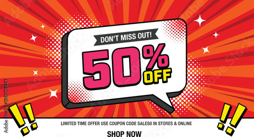 Fifty percent off promotional banner, comic pop art discount design, limited time sale advertisement, bold marketing background illustration