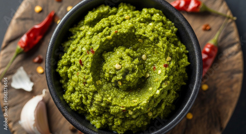 Vibrant Green Chili Paste or Chutney in a Dark Bowl, Garnished with Chili Flakes, Served with Fresh Chilies and Garlic on a Rustic Wooden Board, Top Down View.