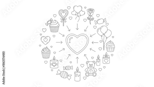 Embracing Affection: An endearing illustration, perfect for Valentine's Day, shows a heart encircled by thematic elements