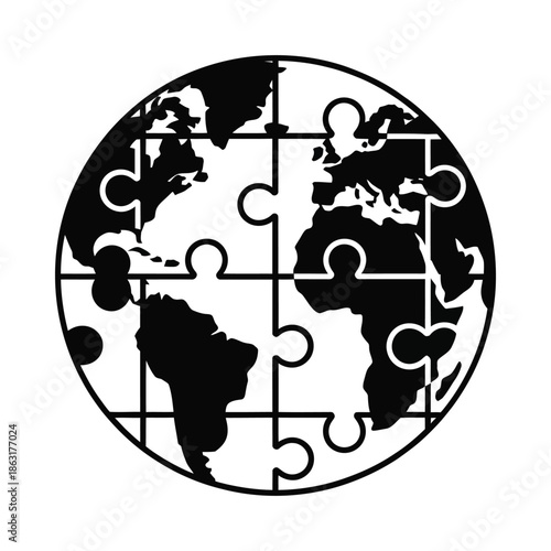 A world map composed of interlocking puzzle pieces symbolizing global connection