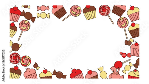 Sweet Treats Frame: A delightful assortment of cupcakes, candies, and lollipops, playfully arranged to frame a blank space, perfect for adding your personal touch.