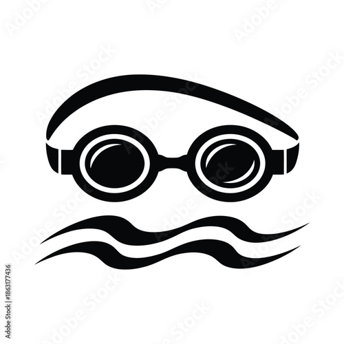Black and white illustration of swimming goggles and water waves below